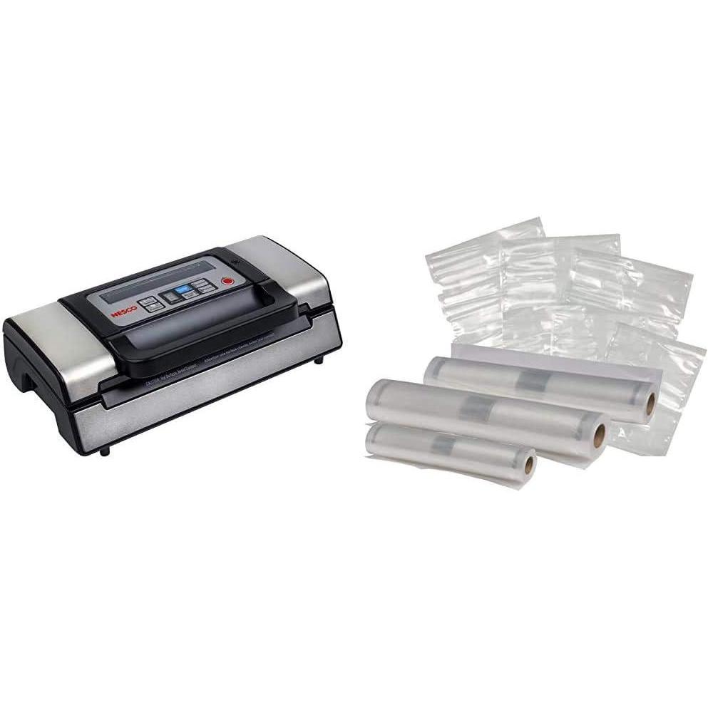 image:imageNESCO VS12 Deluxe Vacuum Sealer with Bag Starter Kit and Viewing Lid Compact Design Silver amp VS07V Vacuum Sealer Bags Variety Pack ClearVacuum Sealer Rolls